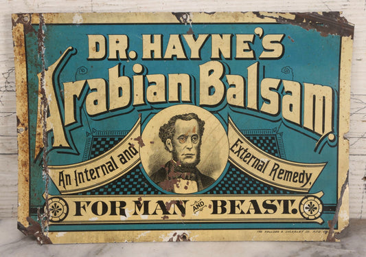 Lot 083 - Antique Dr. Hayne's Arabian Balsam Tin Lithograph Tacker Sign, "For Man And Beast," By Kellogg & Bulkeley Co., Early 20th Century