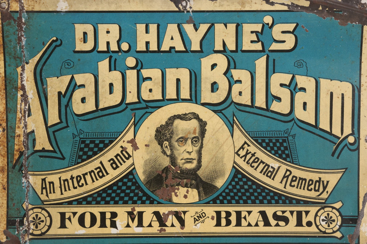 Lot 083 - Antique Dr. Hayne's Arabian Balsam Tin Lithograph Tacker Sign, "For Man And Beast," By Kellogg & Bulkeley Co., Early 20th Century
