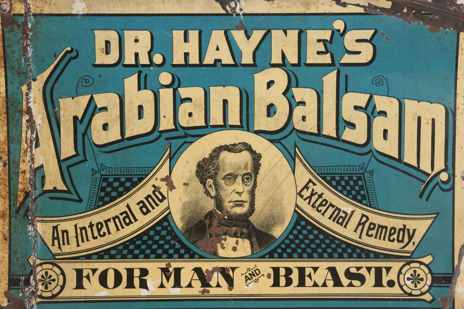 Lot 083 - Antique Dr. Hayne's Arabian Balsam Tin Lithograph Tacker Sign, "For Man And Beast," By Kellogg & Bulkeley Co., Early 20th Century