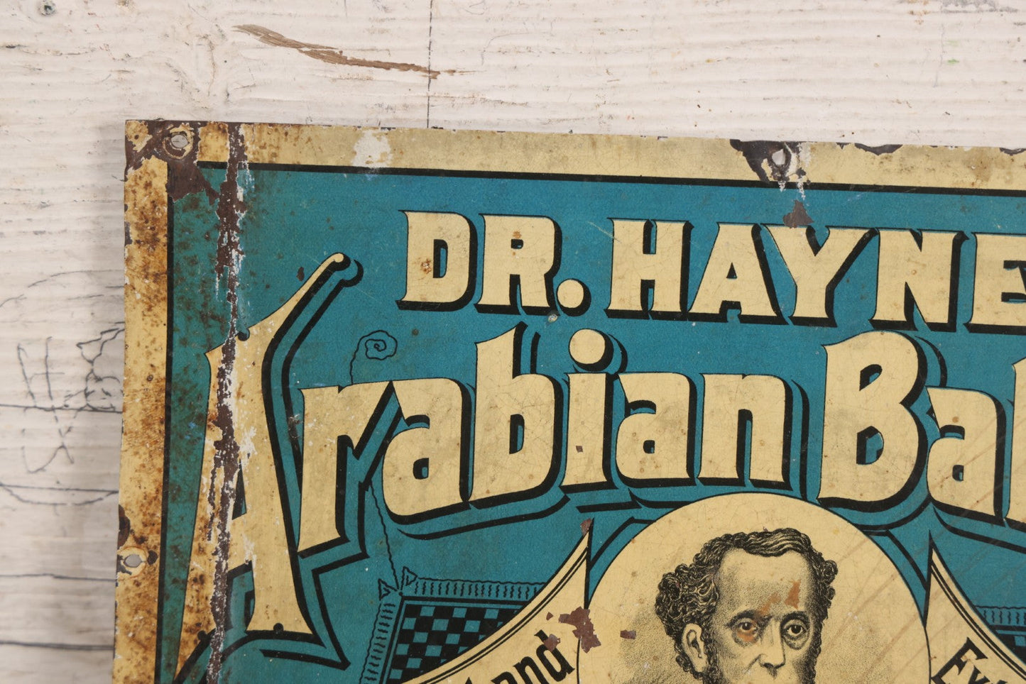 Lot 083 - Antique Dr. Hayne's Arabian Balsam Tin Lithograph Tacker Sign, "For Man And Beast," By Kellogg & Bulkeley Co., Early 20th Century