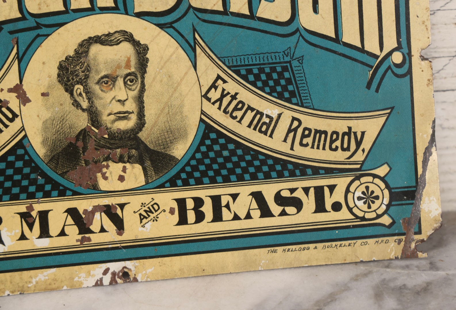 Lot 083 - Antique Dr. Hayne's Arabian Balsam Tin Lithograph Tacker Sign, "For Man And Beast," By Kellogg & Bulkeley Co., Early 20th Century