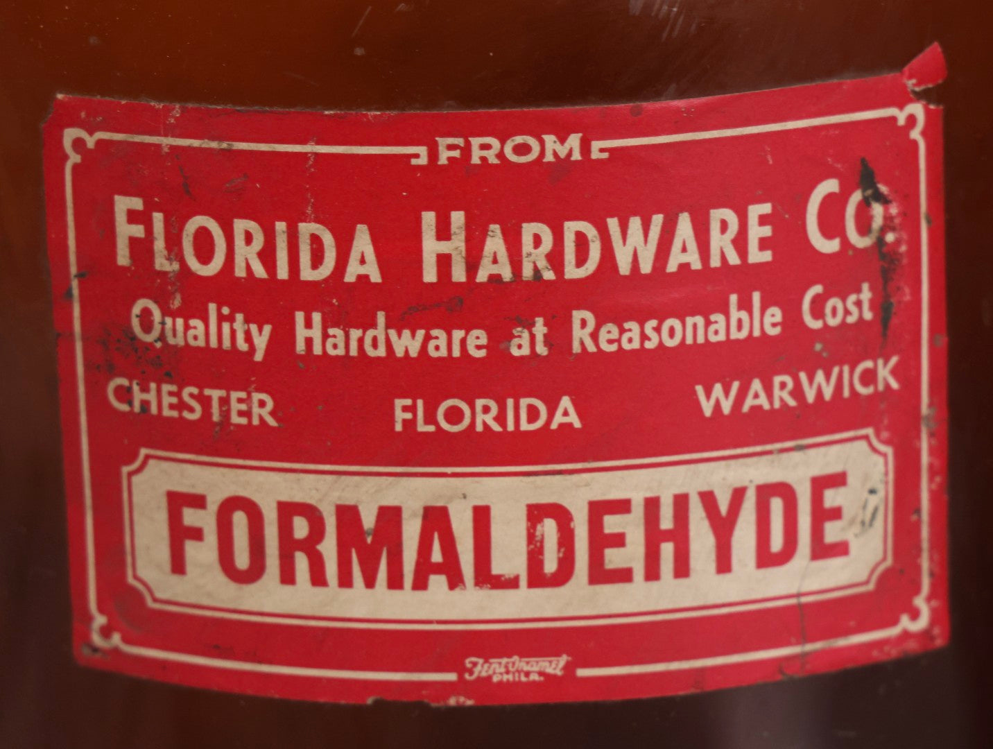 Lot 088 - Pair Of Vintage Amber Glass Jugs With Later-Applied Red “Formaldehyde” Paper Labels From Florida Hardware Co.