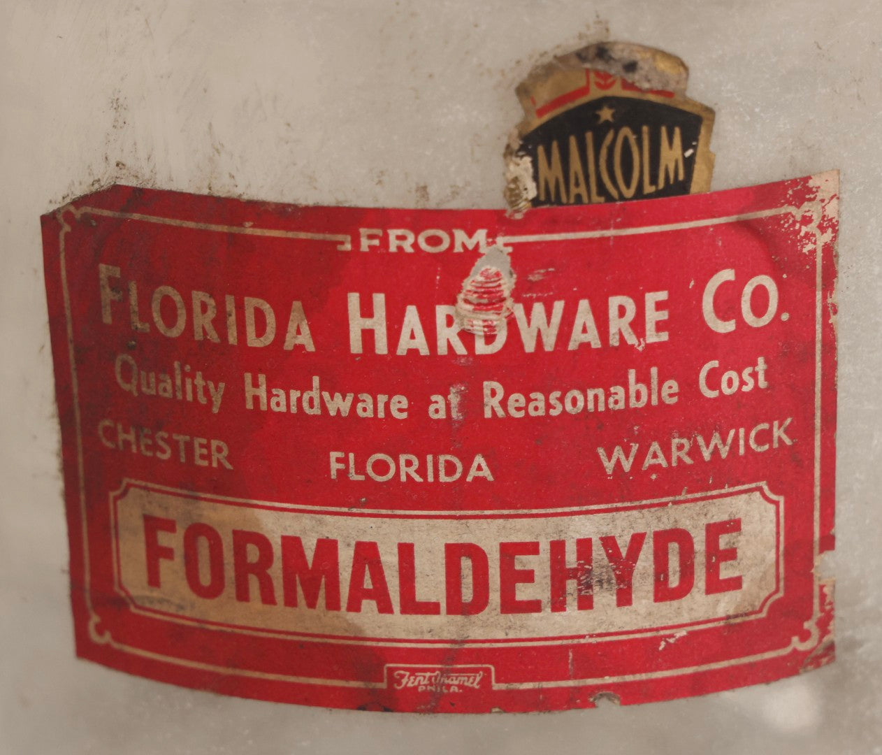 Lot 089 - Pair Of Vintage Clear Glass Jugs With Later-Applied Red “Formaldehyde” Paper Labels From Florida Hardware Co.