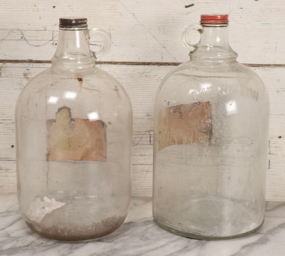Lot 089 - Pair Of Vintage Clear Glass Jugs With Later-Applied Red “Formaldehyde” Paper Labels From Florida Hardware Co.