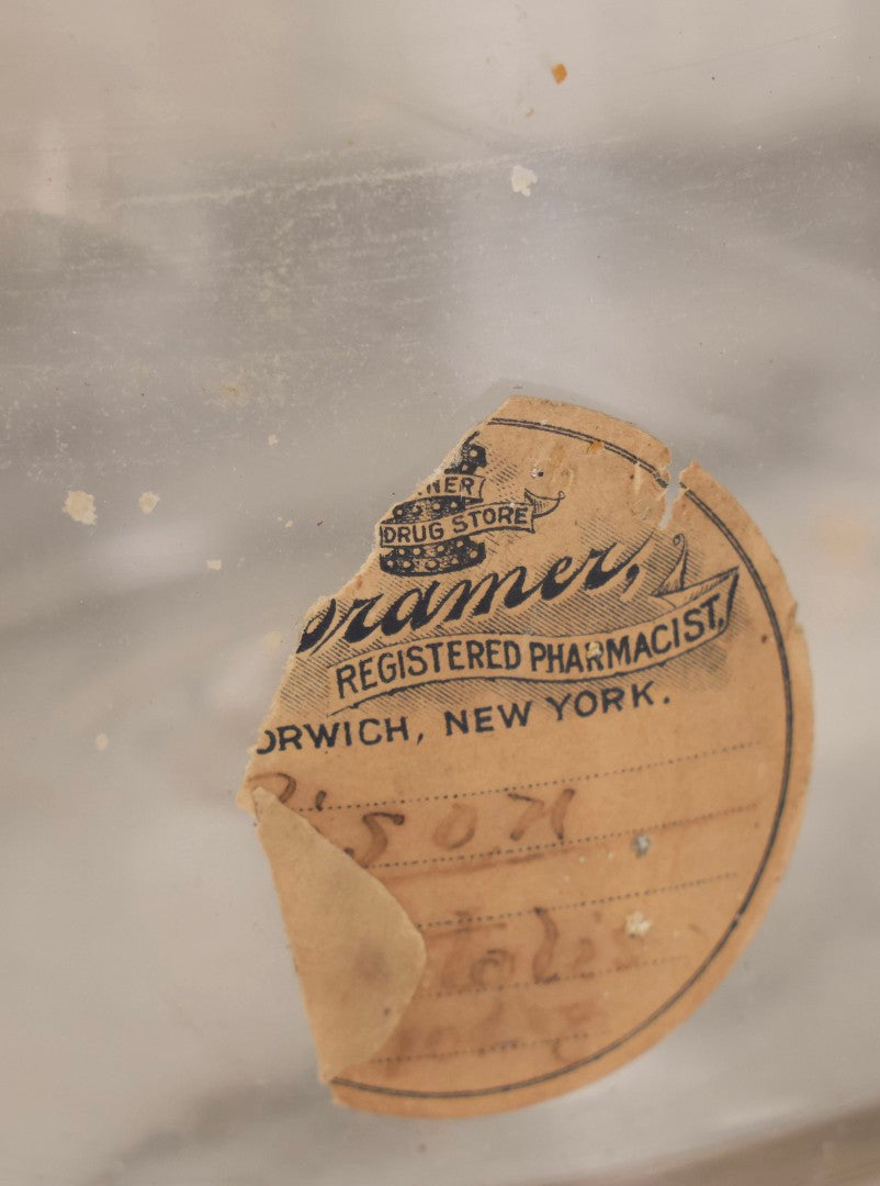 Lot 090 - Trio Of Antique Apothecary Glass Bottles With Ground Stoppers, Mixed Sizes, Worn And Partially Detached Labels, Residue And Staining, Poor As-Found Condition