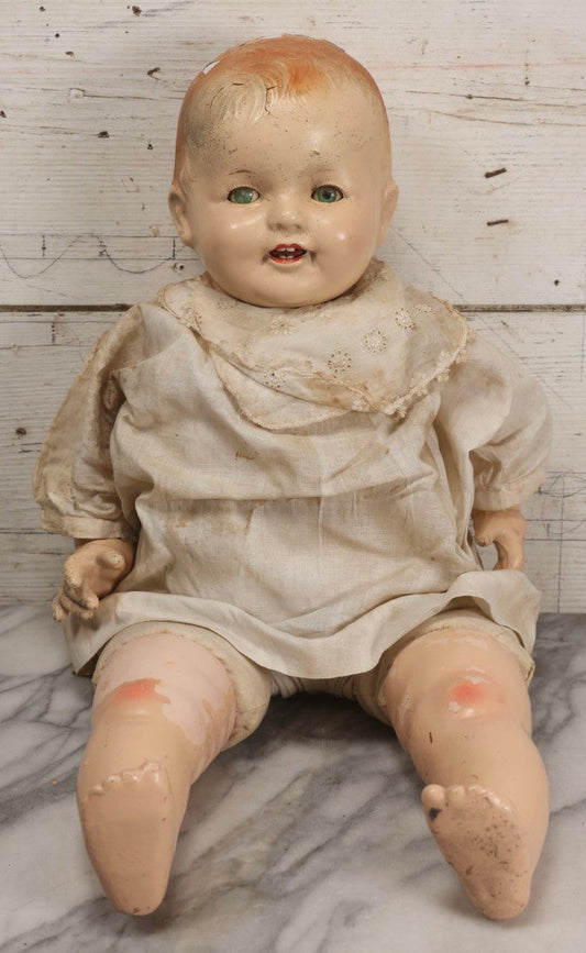 Lot 091 - Vintage Composition Baby Doll With Blue Sleep Eyes, Red Hair, And Original Outfit