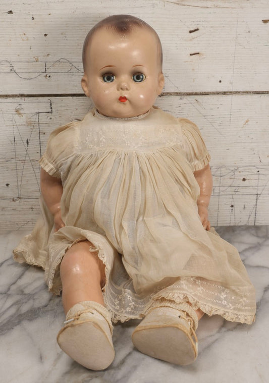 Lot 092 - Vintage Composition Baby Doll With Blue Sleep Eyes, Brown Hair, And Original Outfit, 21" H