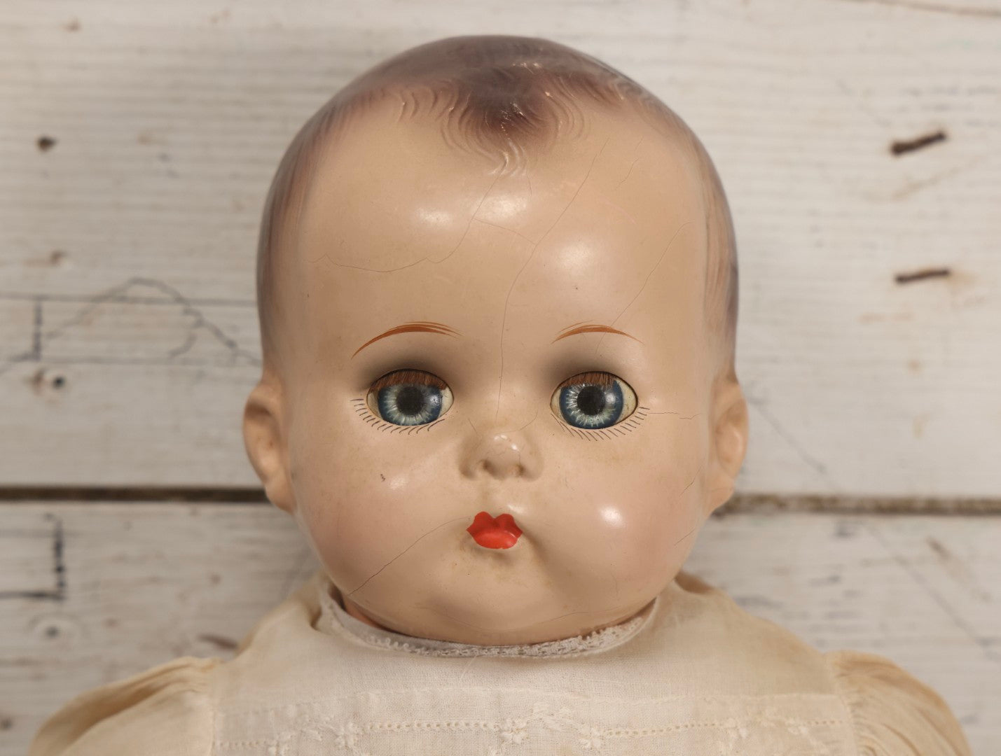 Lot 092 - Vintage Composition Baby Doll With Blue Sleep Eyes, Brown Hair, And Original Outfit, 21" H