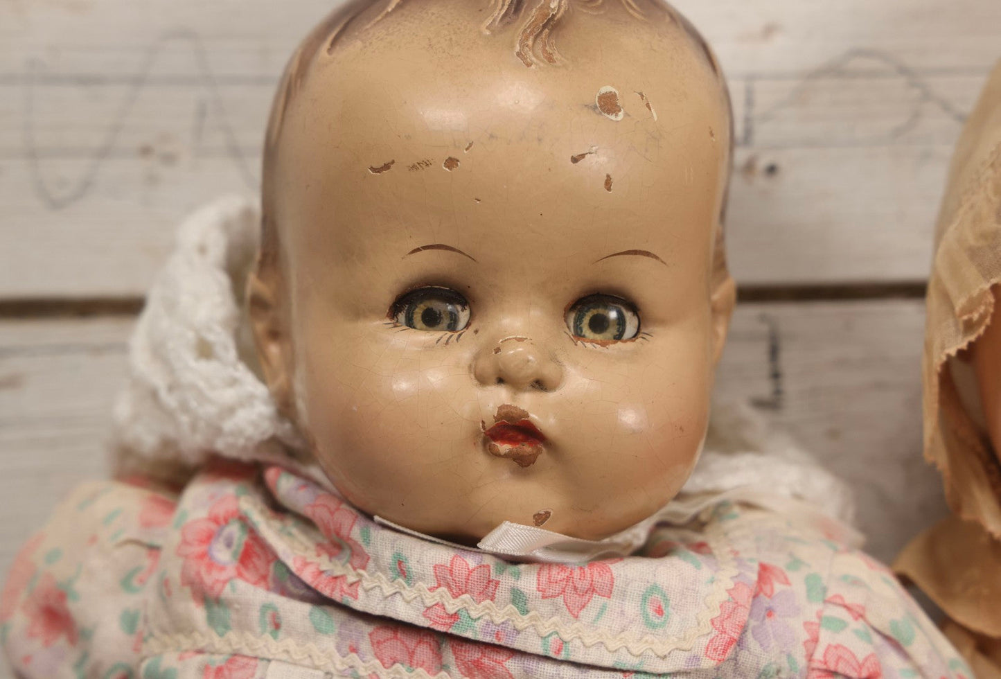 Lot 094 - Trio Of Vintage Composition Baby Dolls Including Floral Dress, Sheer Gown With Bonnet, And Plain Tan Undergarment