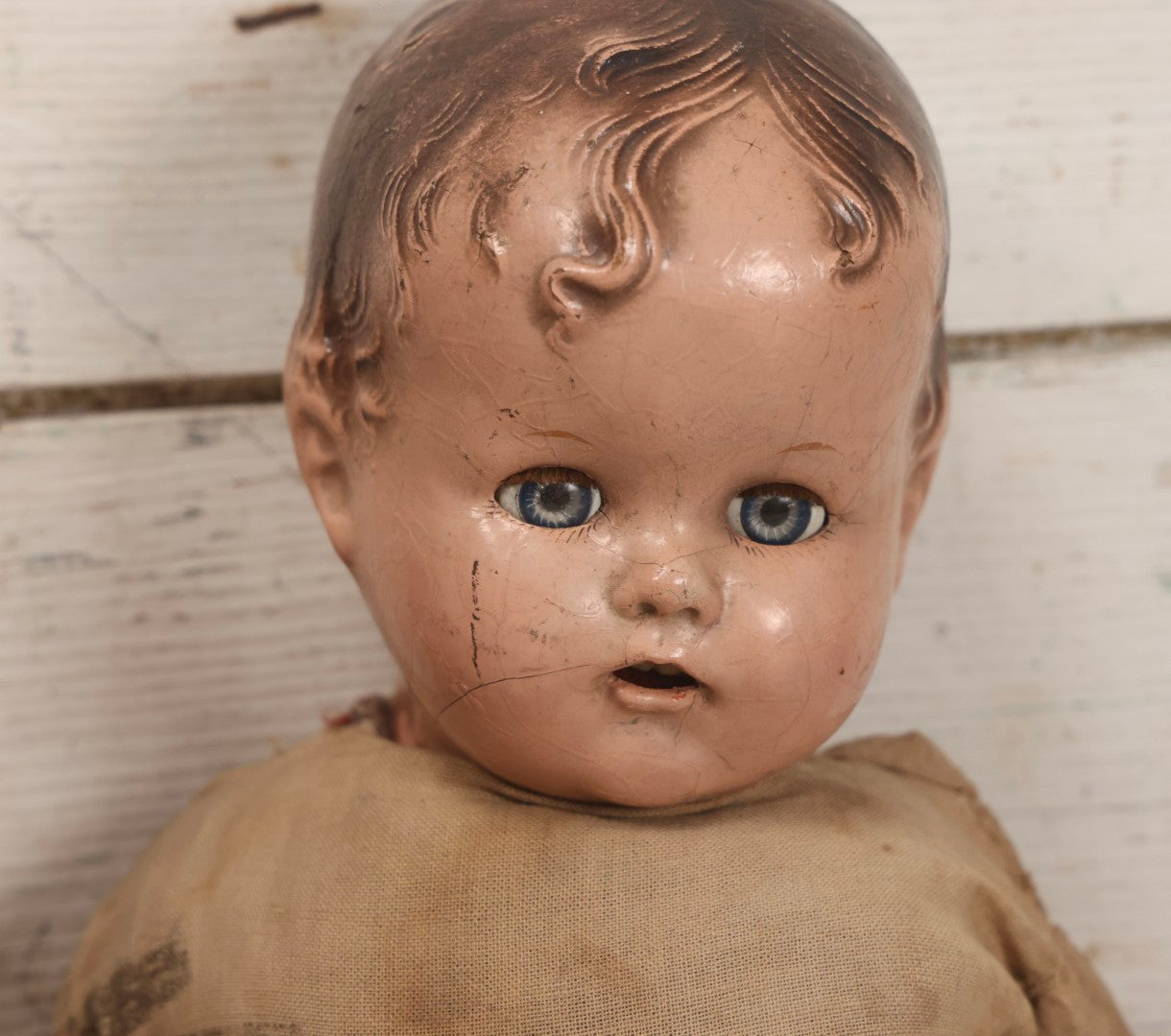 Lot 094 - Trio Of Vintage Composition Baby Dolls Including Floral Dress, Sheer Gown With Bonnet, And Plain Tan Undergarment