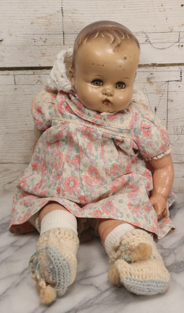 Lot 094 - Trio Of Vintage Composition Baby Dolls Including Floral Dress, Sheer Gown With Bonnet, And Plain Tan Undergarment
