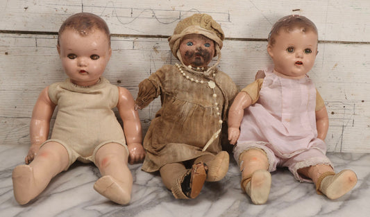 Lot 095 - Trio Of Vintage Composition Baby Dolls Including Pink Dress With Lace Trim, Dirty Dress With Beads, And Sleeveless Undergarment