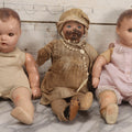 Lot 095 - Trio Of Vintage Composition Baby Dolls Including Pink Dress With Lace Trim, Dirty Dress With Beads, And Sleeveless Undergarment, Each 17" H