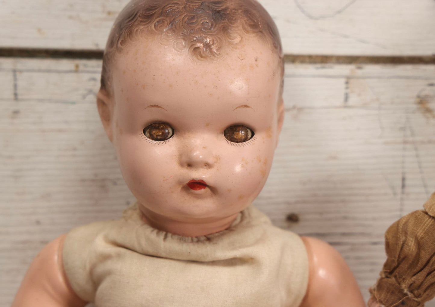 Lot 095 - Trio Of Vintage Composition Baby Dolls Including Pink Dress With Lace Trim, Dirty Dress With Beads, And Sleeveless Undergarment