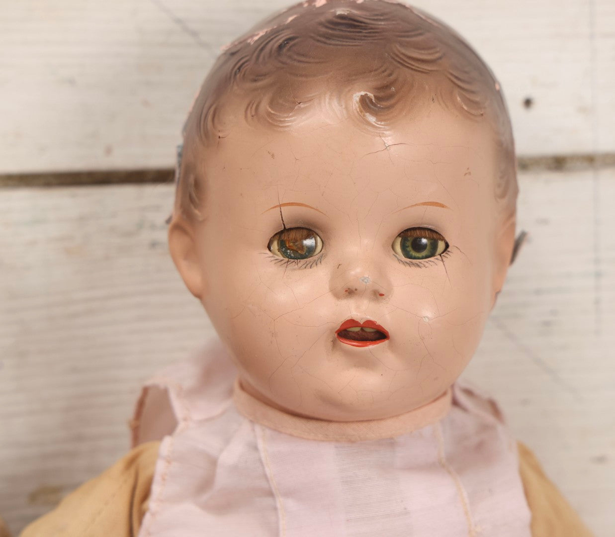 Lot 095 - Trio Of Vintage Composition Baby Dolls Including Pink Dress With Lace Trim, Dirty Dress With Beads, And Sleeveless Undergarment