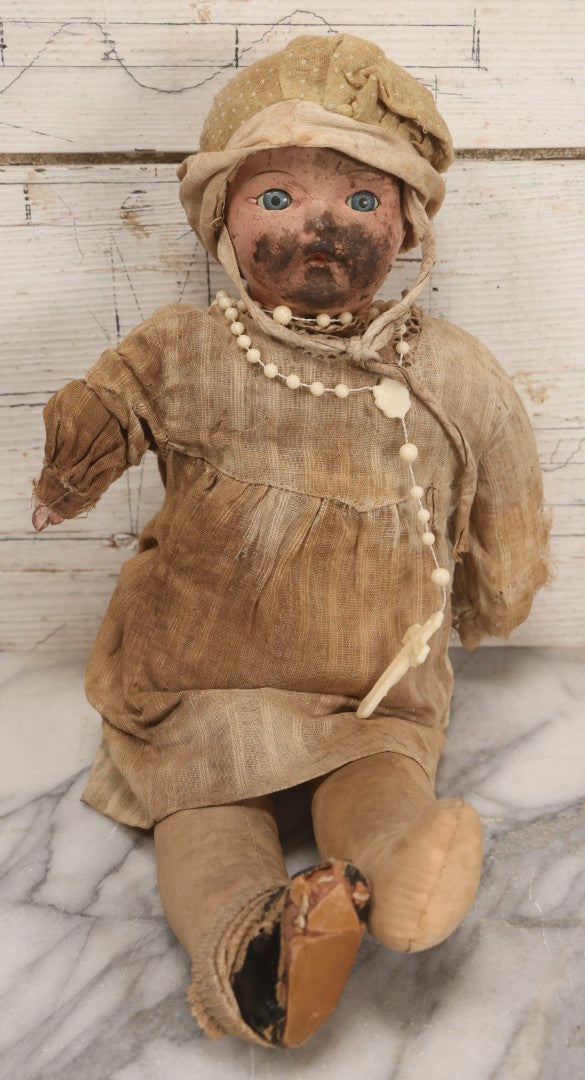 Lot 095 - Trio Of Vintage Composition Baby Dolls Including Pink Dress With Lace Trim, Dirty Dress With Beads, And Sleeveless Undergarment