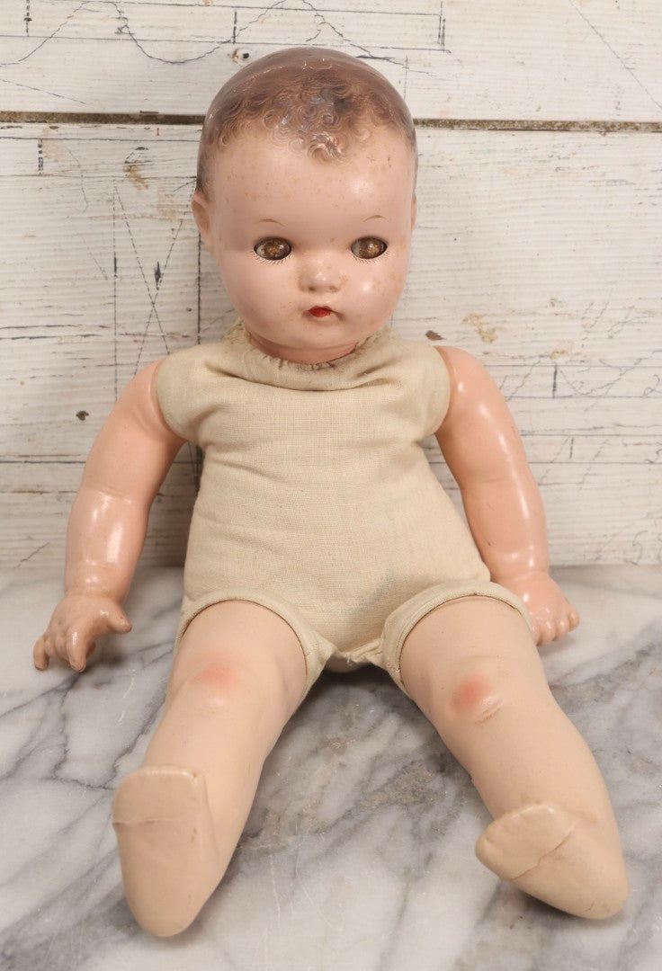 Lot 095 - Trio Of Vintage Composition Baby Dolls Including Pink Dress With Lace Trim, Dirty Dress With Beads, And Sleeveless Undergarment