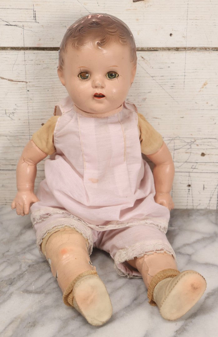 Lot 095 - Trio Of Vintage Composition Baby Dolls Including Pink Dress With Lace Trim, Dirty Dress With Beads, And Sleeveless Undergarment