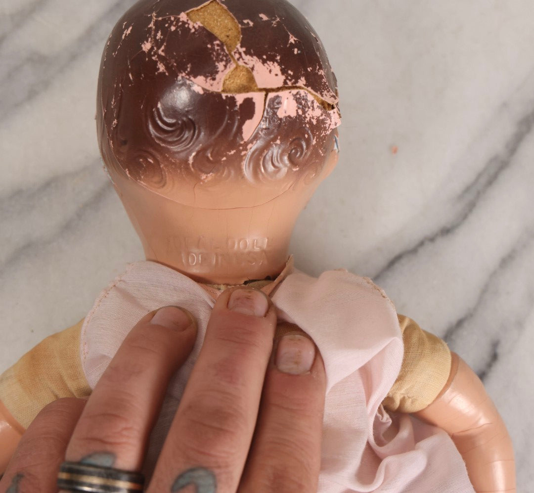 Lot 095 - Trio Of Vintage Composition Baby Dolls Including Pink Dress With Lace Trim, Dirty Dress With Beads, And Sleeveless Undergarment