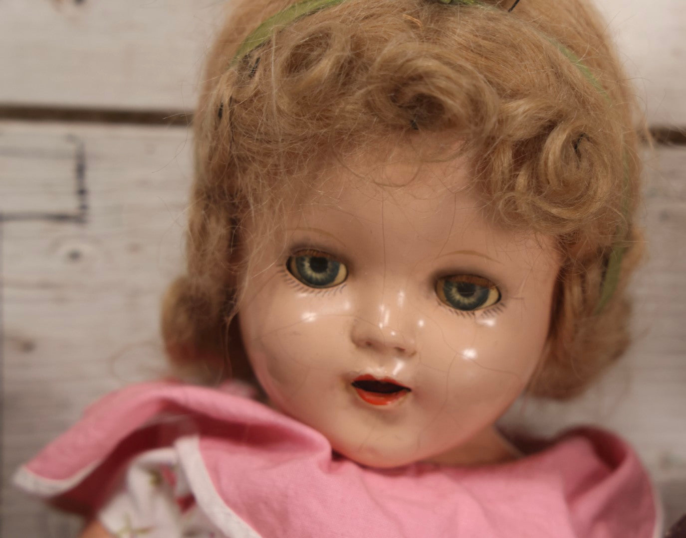 Lot 096 - Grouping Of Five Vintage Composition Dolls Including Floral Dress Doll, Plaid Dress Doll, Blue Check Dress Doll With Bonnet, Brown Composition Baby, And Small Jointed Doll