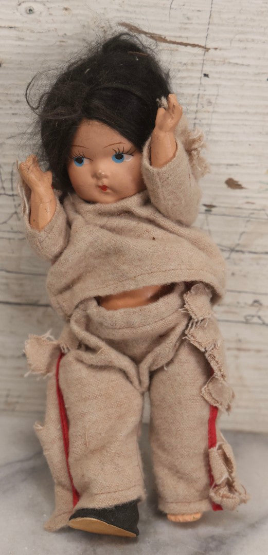 Lot 096 - Grouping Of Five Vintage Composition Dolls Including Floral Dress Doll, Plaid Dress Doll, Blue Check Dress Doll With Bonnet, Brown Composition Baby, And Small Jointed Doll