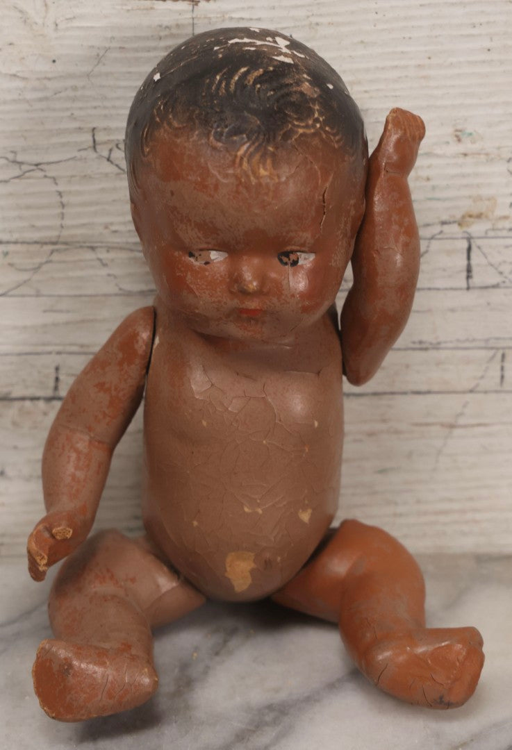 Lot 096 - Grouping Of Five Vintage Composition Dolls Including Floral Dress Doll, Plaid Dress Doll, Blue Check Dress Doll With Bonnet, Brown Composition Baby, And Small Jointed Doll