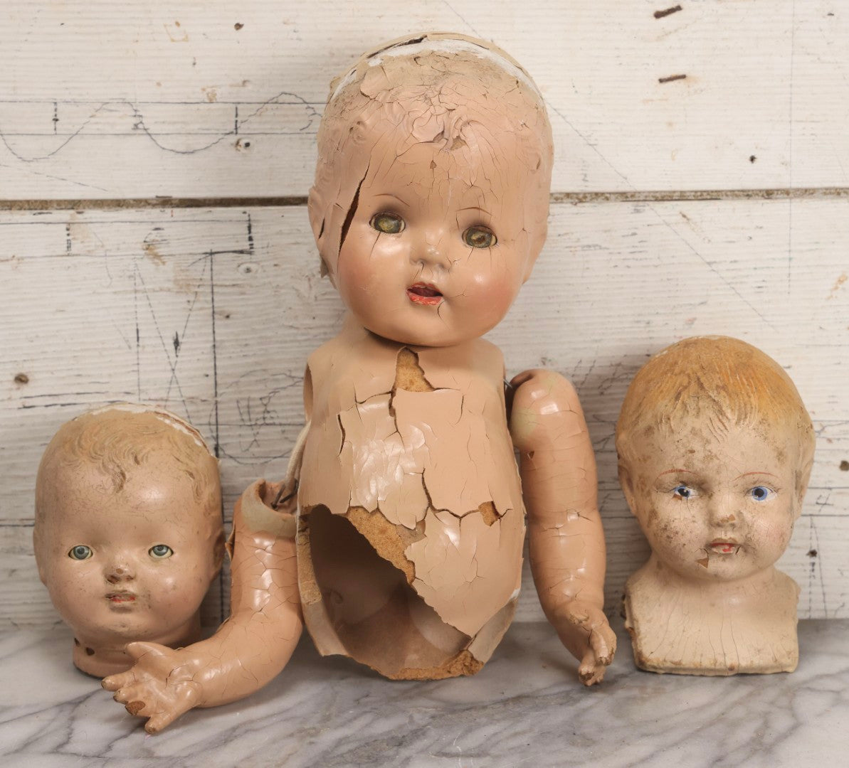 Lot 098 - Trio Of Vintage Composition Doll Parts Including Heads And Partial Body