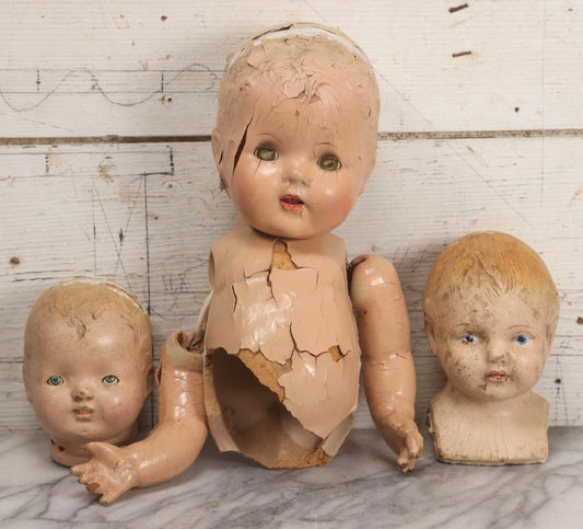 Lot 098 - Trio Of Vintage Composition Doll Parts Including Heads And Partial Body