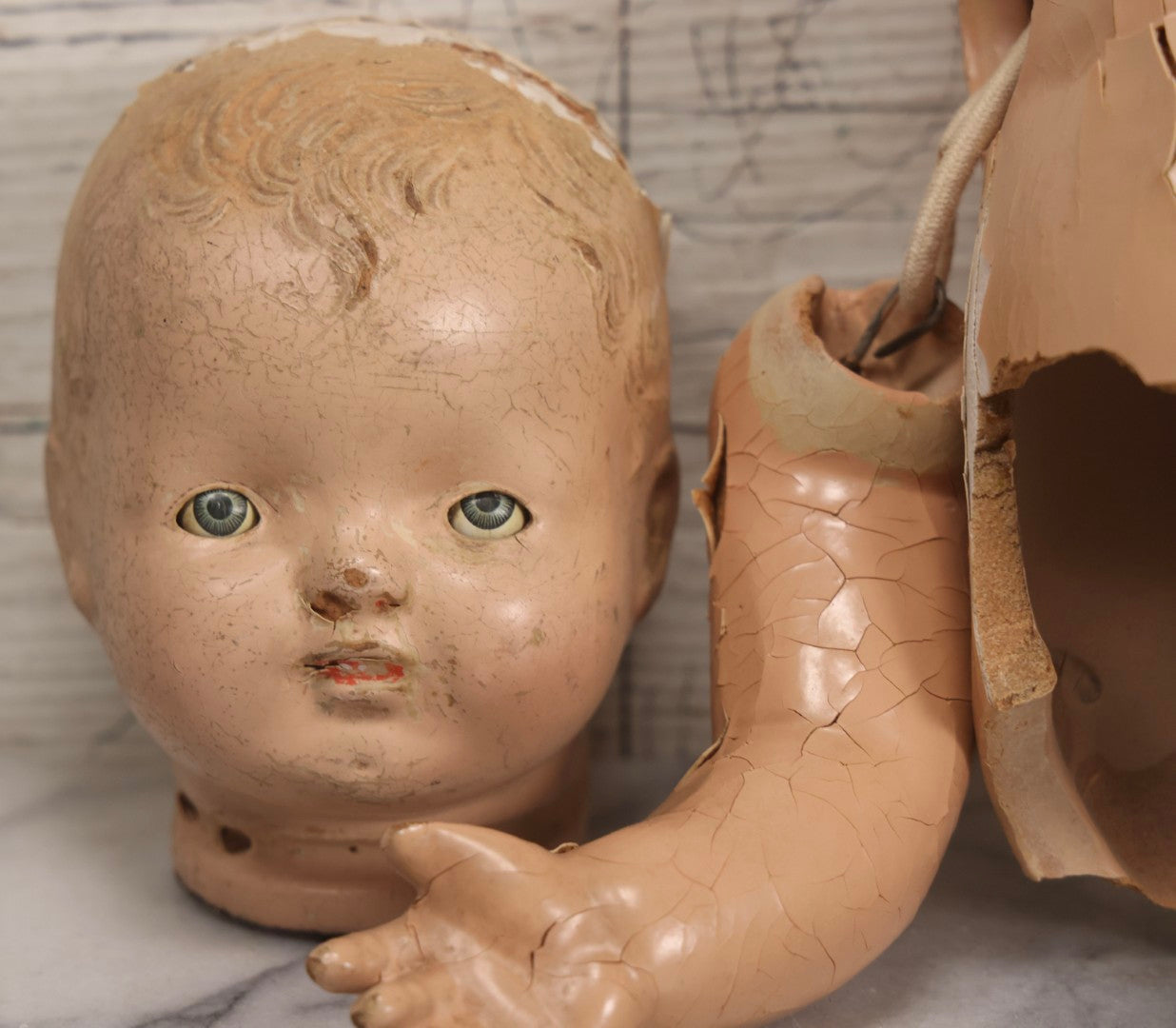 Lot 098 - Trio Of Vintage Composition Doll Parts Including Heads And Partial Body