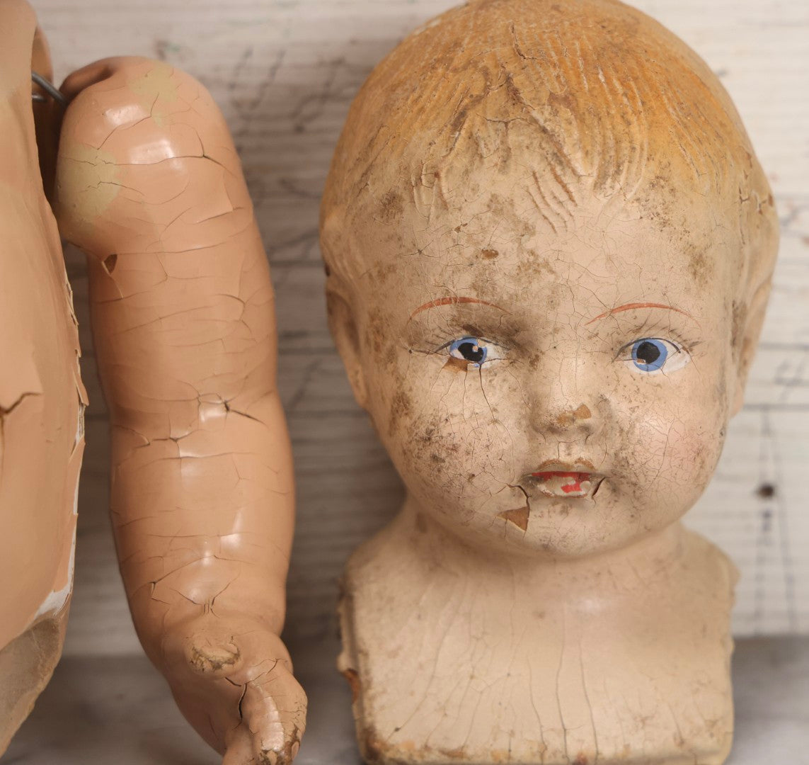 Lot 098 - Trio Of Vintage Composition Doll Parts Including Heads And Partial Body