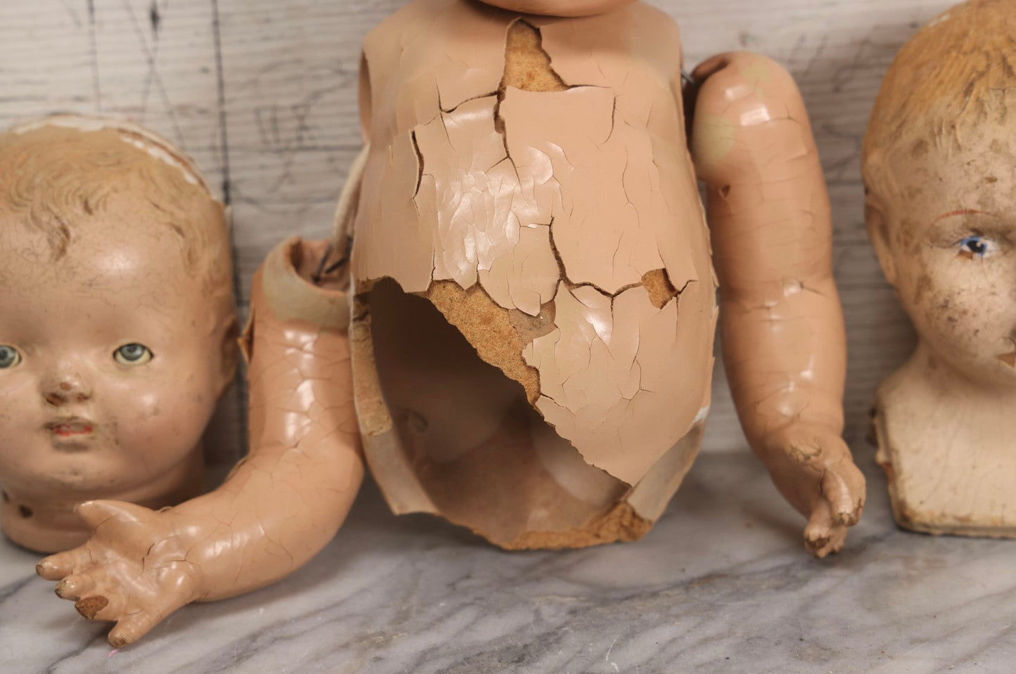 Lot 098 - Trio Of Vintage Composition Doll Parts Including Heads And Partial Body