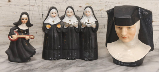 Lot 100 - Trio Of Vintage Porcelain And Ceramic Nun Items Including Music Box, M.J. Hummel Goebel Nun Bust (West Germany, 1978), And Banjo-Playing Nun Figurine