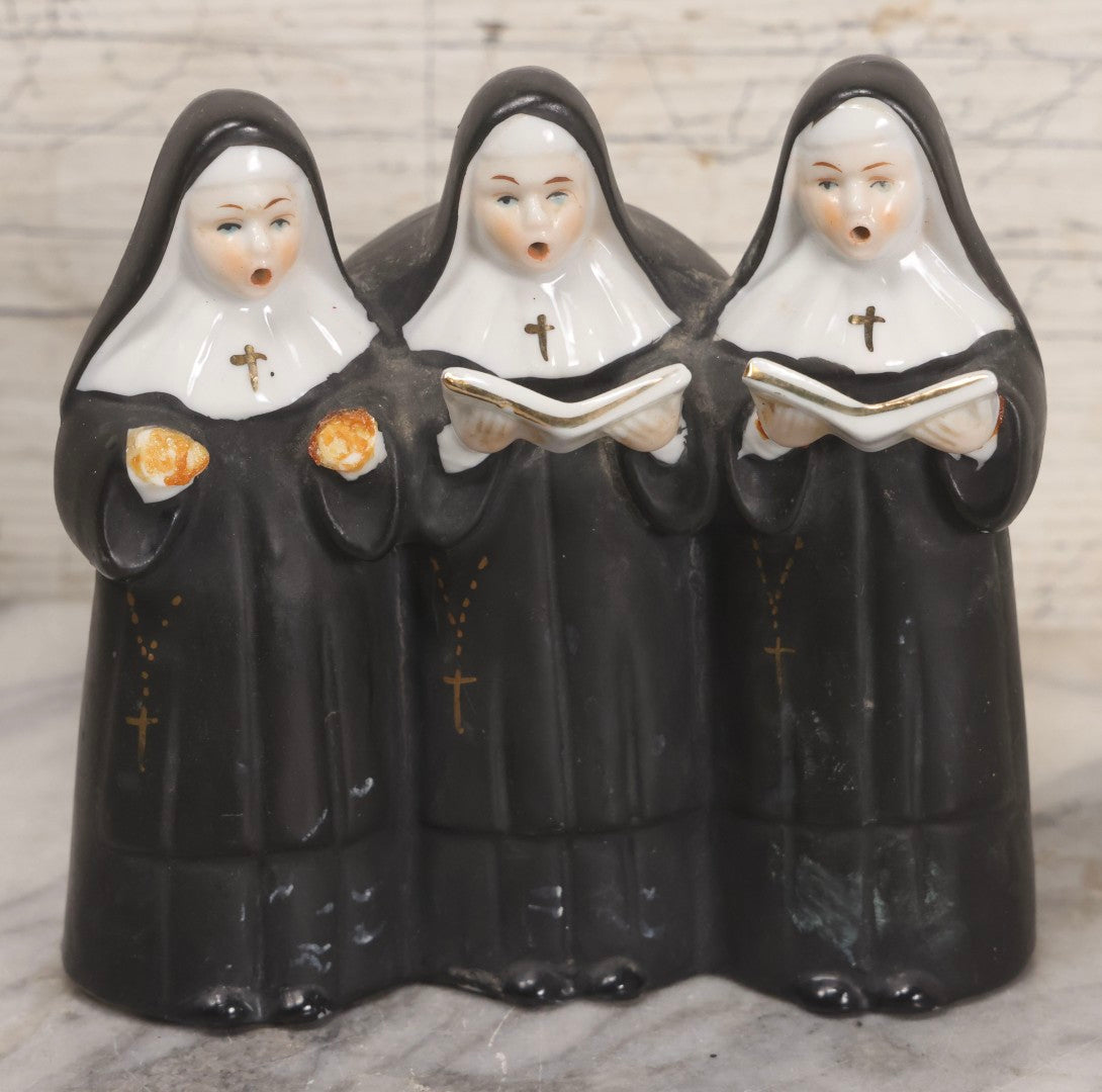 Lot 100 - Trio Of Vintage Porcelain And Ceramic Nun Items Including Music Box, M.J. Hummel Goebel Nun Bust (West Germany, 1978), And Banjo-Playing Nun Figurine