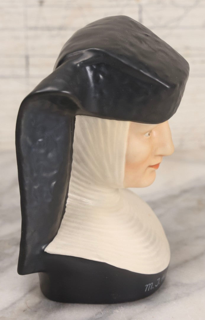 Lot 100 - Trio Of Vintage Porcelain And Ceramic Nun Items Including Music Box, M.J. Hummel Goebel Nun Bust (West Germany, 1978), And Banjo-Playing Nun Figurine