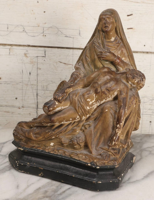 Lot 101 - Vintage Chalkware Pieta Figural Religious Sculpture Depicting The Virgin Mary With The Body Of Christ On Painted Base
