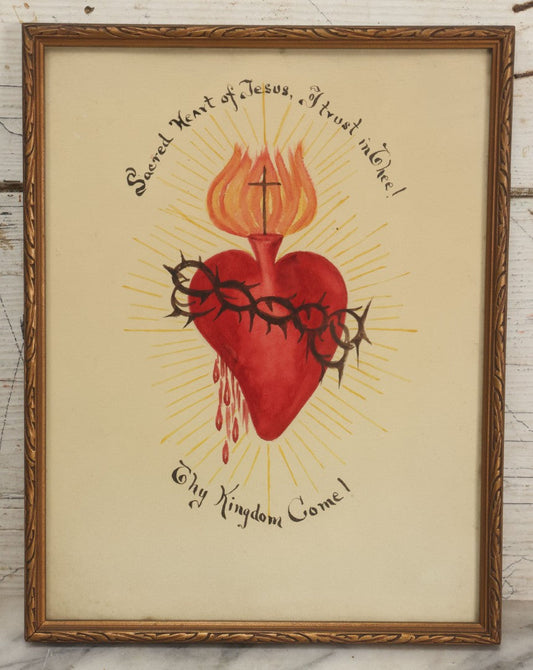Lot 104 - Vintage Watercolor Sacred Heart Of Jesus Religious Painting With Inscribed Text In Frame