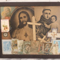 Lot 105 - Vintage Framed Religious Collage With Lithographic Prints, Prayer Cards, And Palm Sunday Crosses, 18-3/4" x 15-7/8"