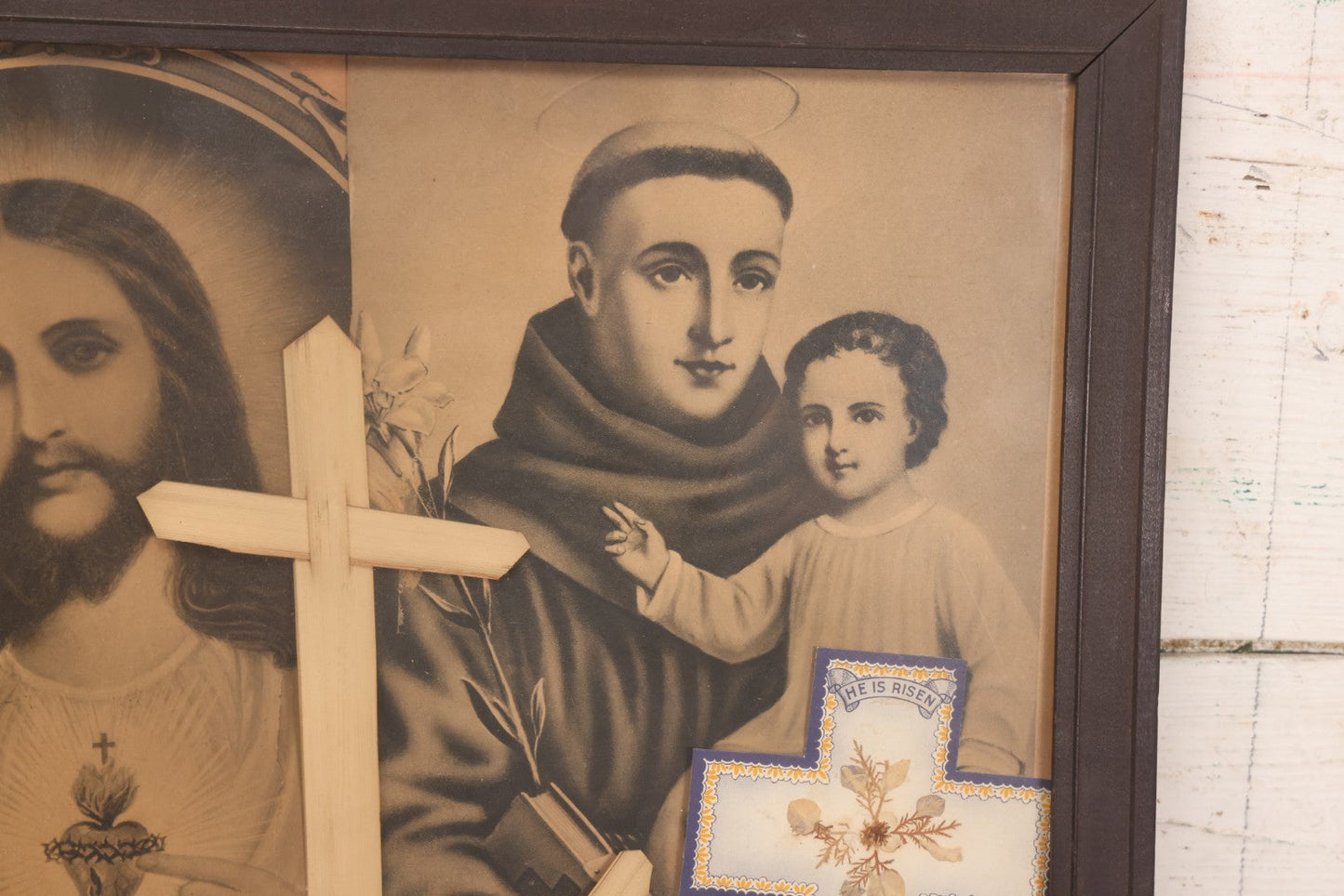 Lot 105 - Vintage Framed Religious Collage With Lithographic Prints, Prayer Cards, And Palm Sunday Crosses