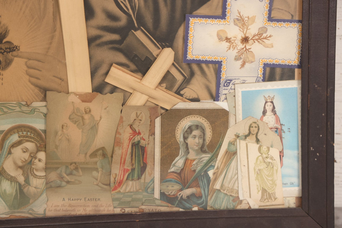 Lot 105 - Vintage Framed Religious Collage With Lithographic Prints, Prayer Cards, And Palm Sunday Crosses