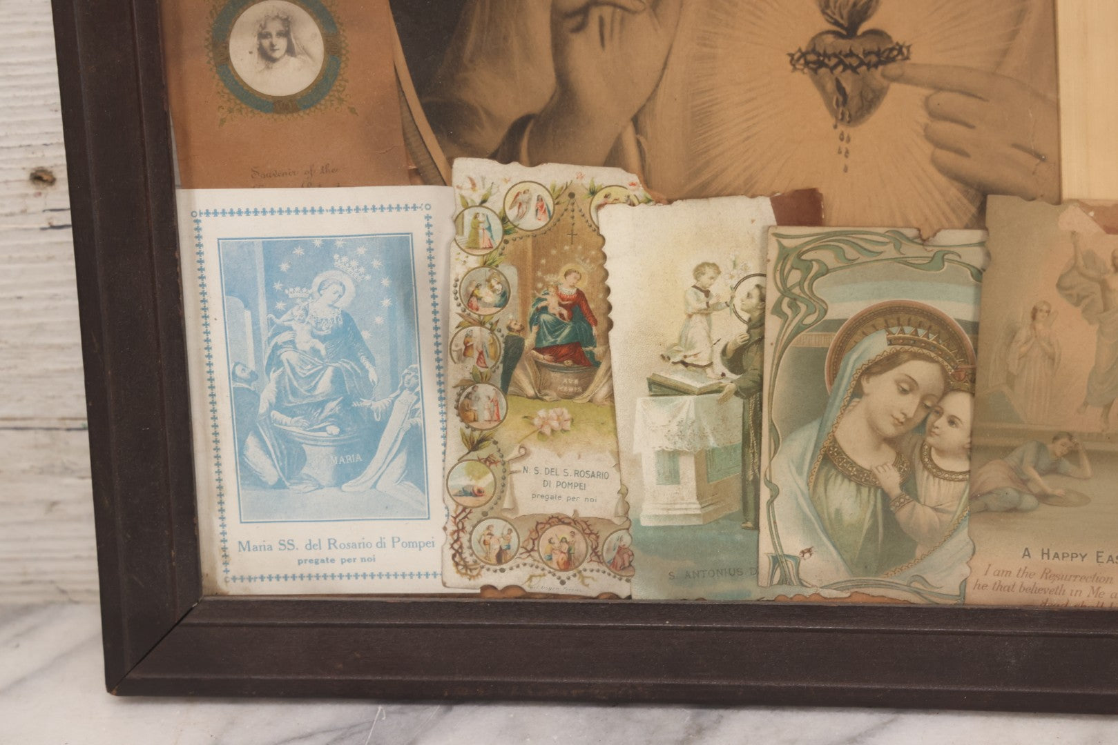 Lot 105 - Vintage Framed Religious Collage With Lithographic Prints, Prayer Cards, And Palm Sunday Crosses