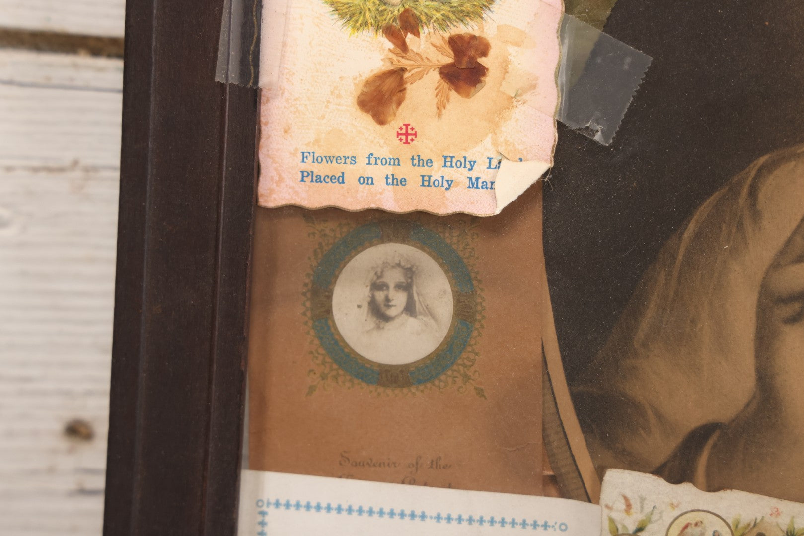 Lot 105 - Vintage Framed Religious Collage With Lithographic Prints, Prayer Cards, And Palm Sunday Crosses