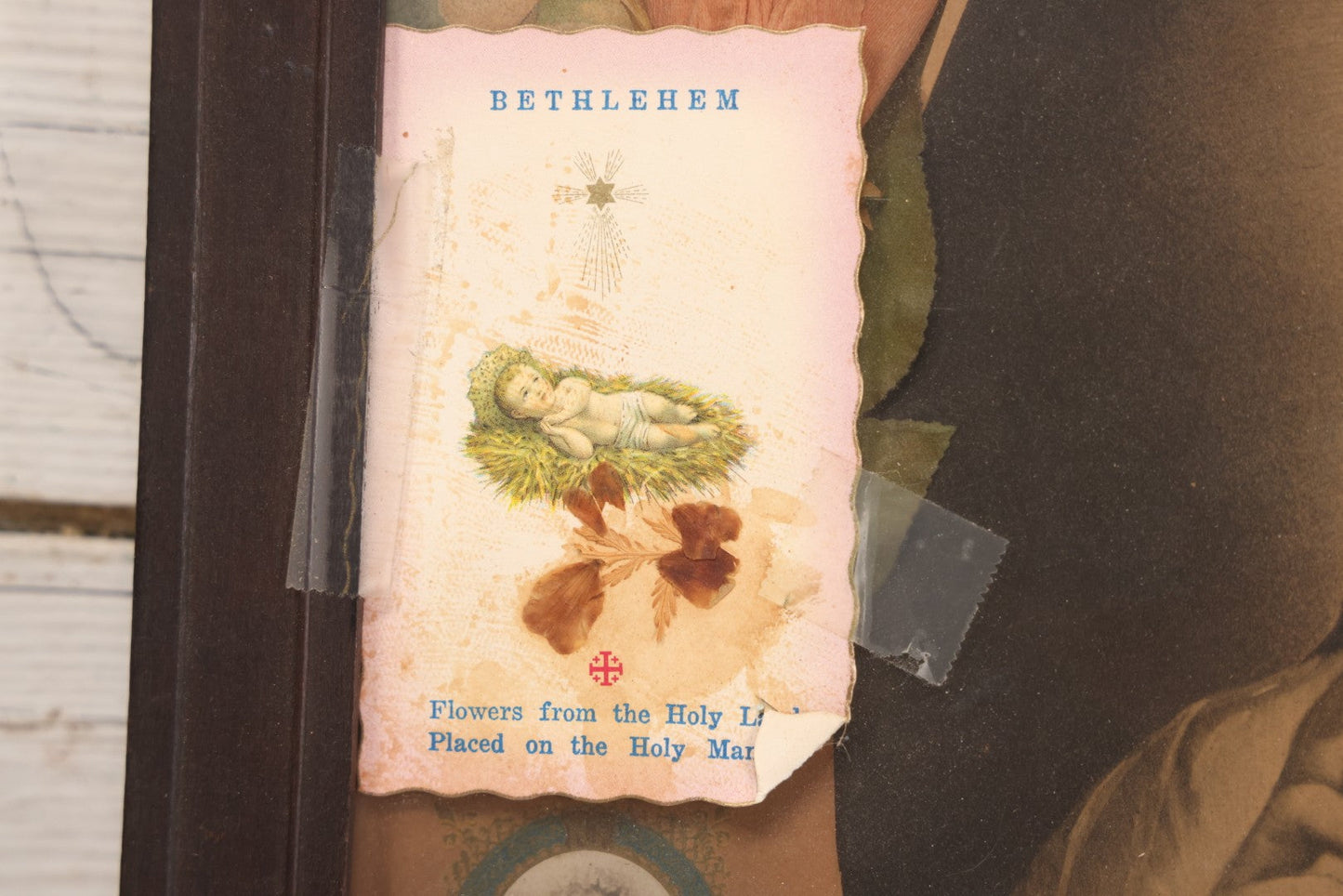 Lot 105 - Vintage Framed Religious Collage With Lithographic Prints, Prayer Cards, And Palm Sunday Crosses