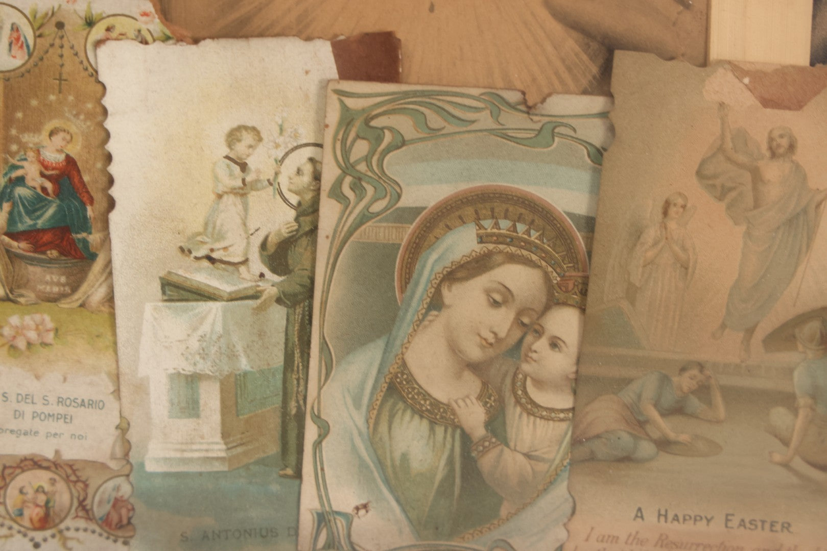 Lot 105 - Vintage Framed Religious Collage With Lithographic Prints, Prayer Cards, And Palm Sunday Crosses