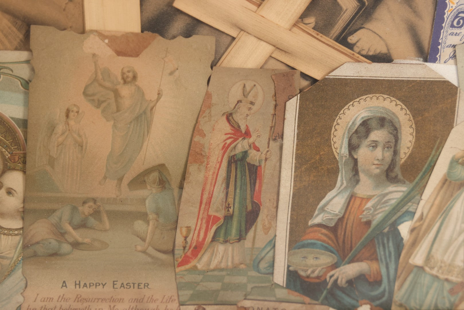 Lot 105 - Vintage Framed Religious Collage With Lithographic Prints, Prayer Cards, And Palm Sunday Crosses