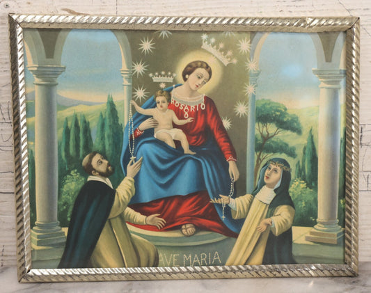 Lot 107 - Vintage Framed Chromolithograph Religious Print Of Our Lady Of The Rosary With The Virgin Mary And Child