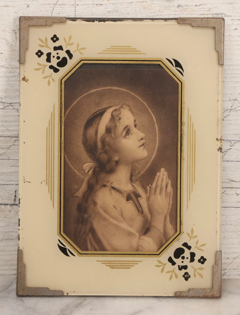 Lot 108 - Vintage Framed Religious Print Of Praying Girl With Reverse-Painted Glass Frame