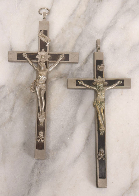 Lot 110 - Pair Of Vintage Pectoral Golgotha Crucifixes In Ebony Wood And White Metal With Skull And Crossbones Motif, One Marked Germany