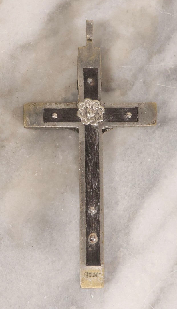 Lot 111 - Grouping Of Seven Vintage Crosses In Wood, Metal, And Plastic Including Two Golgotha Pectoral Crucifixes With Skull And Crossbones Motif