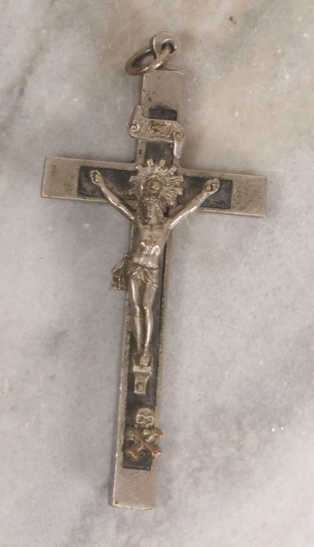 Lot 111 - Grouping Of Seven Vintage Crosses In Wood, Metal, And Plastic Including Two Golgotha Pectoral Crucifixes With Skull And Crossbones Motif