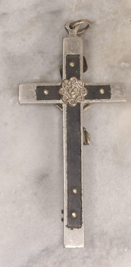 Lot 111 - Grouping Of Seven Vintage Crosses In Wood, Metal, And Plastic Including Two Golgotha Pectoral Crucifixes With Skull And Crossbones Motif